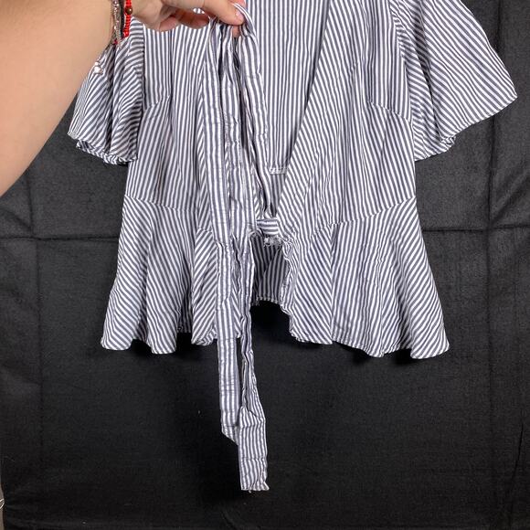 LOFT Womens Blouse Blue White Striped V Neck Wrap Front Tie 1/2 Sleeve Flowy XS - Picture 6 of 13